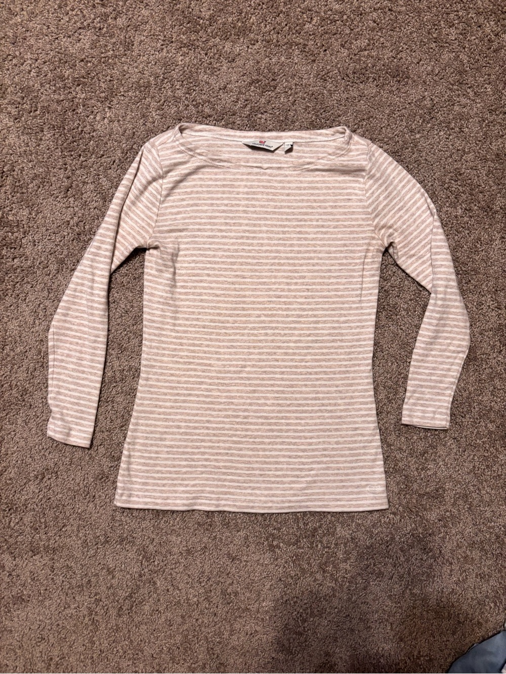 Vineyard Vines Beige and White Striped Boatneck 3/4 Sleeve Top